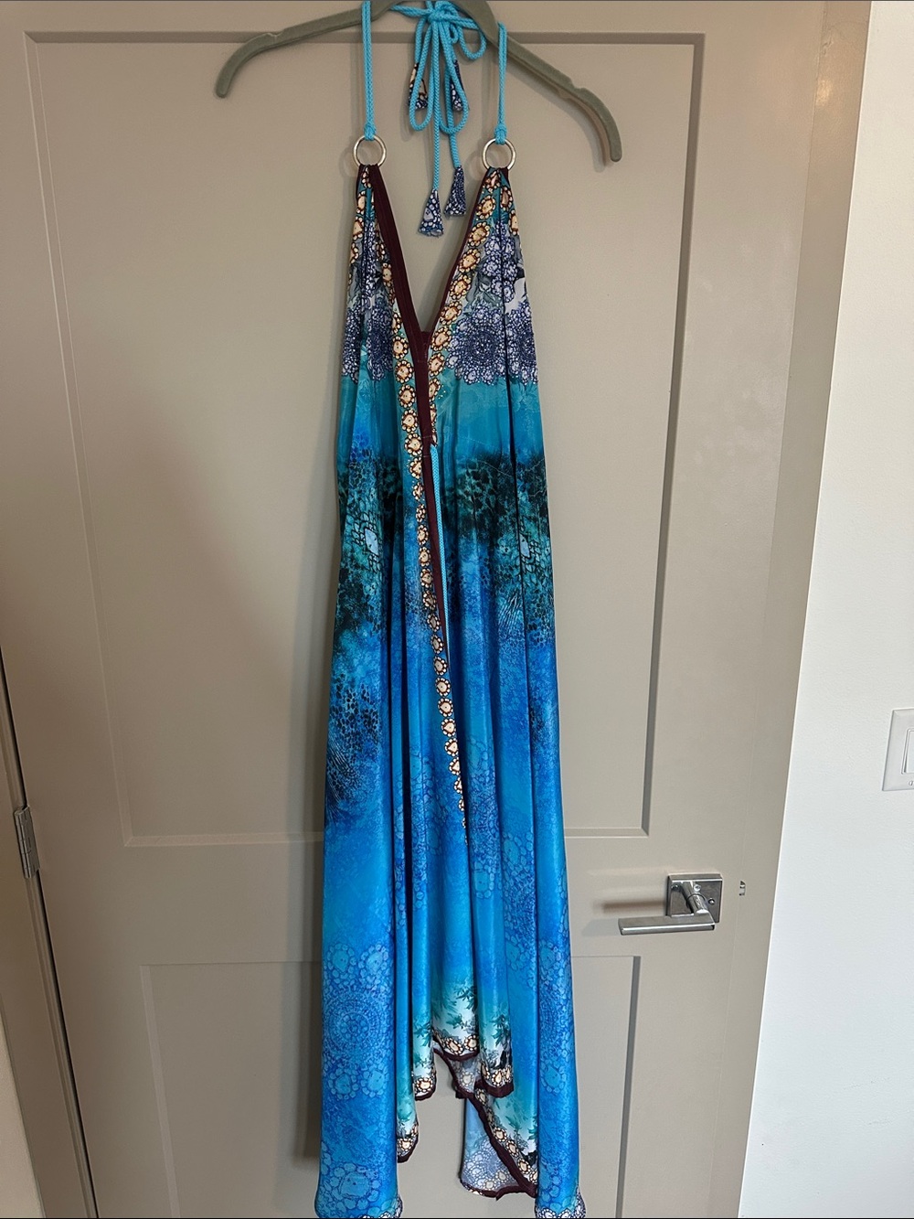 Blue Ombre Halter Maxi Dress with Beaded Trim